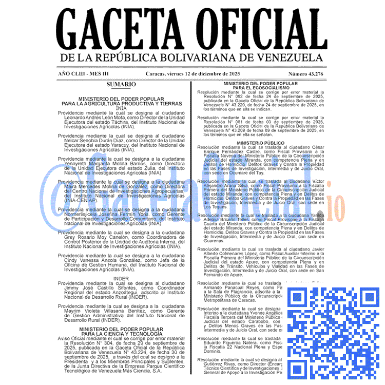 Venezuela Gaceta Oficial 43276 del 12 diciembre 2025 Gaceta Oficial, Gaceta 43276, Gaceta 43276 HD, Gaceta #43276, Gaceta Oficial Venezuela #43276