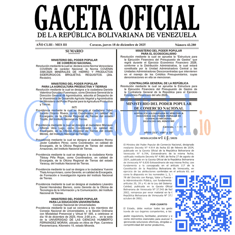 Venezuela Gaceta Oficial 43280 del 18 diciembre 2025 Gaceta Oficial, Gaceta 43280, Gaceta 43280 HD, Gaceta #43280, Gaceta Oficial Venezuela #43280