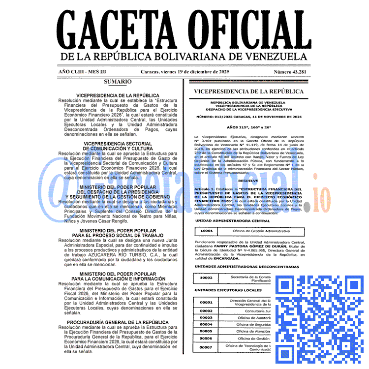 Venezuela Gaceta Oficial 43281 del 19 diciembre 2025 Gaceta Oficial, Gaceta 43281, Gaceta 43281 HD, Gaceta #43281, Gaceta Oficial Venezuela #43281