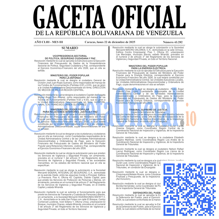 Venezuela Gaceta Oficial 43282 del 22 diciembre 2025 Gaceta Oficial, Gaceta 43282, Gaceta 43282 HD, Gaceta #43282, Gaceta Oficial Venezuela #43282