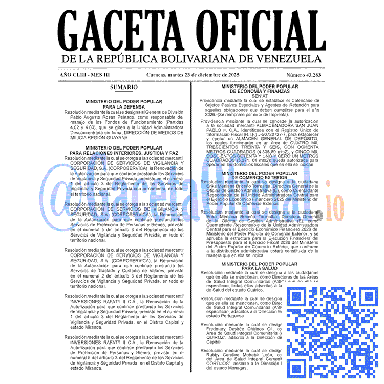Venezuela Gaceta Oficial 43283 del 223 diciembre 2025 Gaceta Oficial, Gaceta 43283, Gaceta 43283 HD, Gaceta #43283, Gaceta Oficial Venezuela #43283