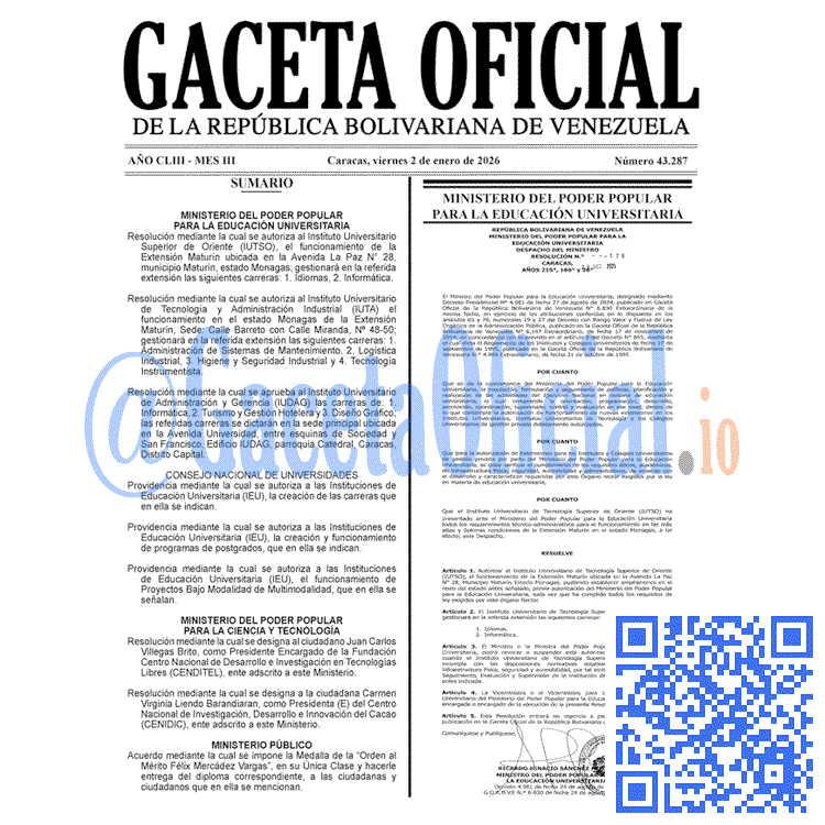 Venezuela Gaceta Oficial 43287 del 2 enero 2026 Gaceta Oficial, Gaceta 43287, Gaceta 43287 HD, Gaceta #43287, Gaceta Oficial Venezuela #43287