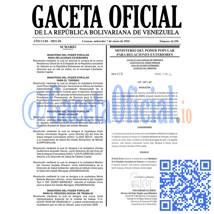 Venezuela Gaceta Oficial 43290 del 7 enero 2026 Gaceta Oficial, Gaceta 43290, Gaceta 43290 HD, Gaceta #43290, Gaceta Oficial Venezuela #43290