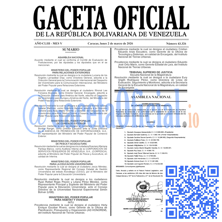 Venezuela Gaceta Oficial 43326 del 2 marzo 2026 Gaceta Oficial, Gaceta 43326, Gaceta 43326 HD, Gaceta #43326, Gaceta Oficial Venezuela #43326