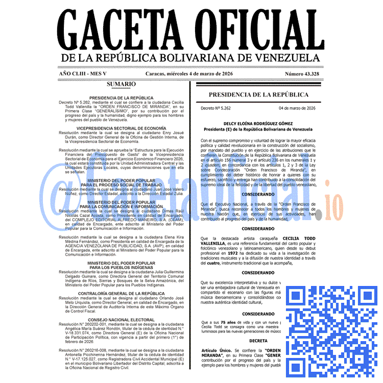 Venezuela Gaceta Oficial 43328 del 4 marzo 2026 Gaceta Oficial, Gaceta 43328, Gaceta 43328 HD, Gaceta #43328, Gaceta Oficial Venezuela #43328
