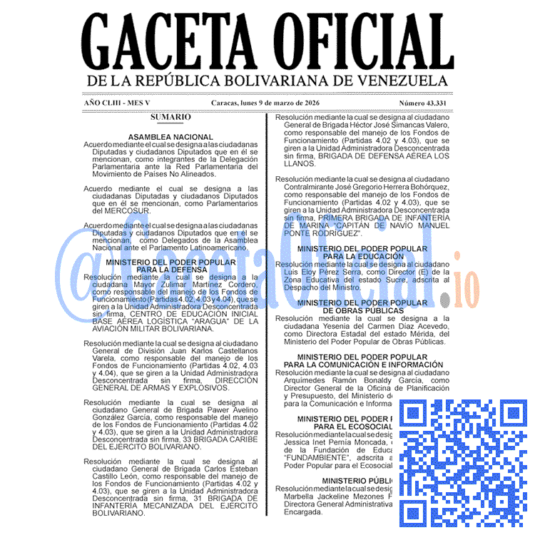 Venezuela Gaceta Oficial 43331 del 9 marzo 2026 Gaceta Oficial, Gaceta 43331, Gaceta 43331 HD, Gaceta #43331, Gaceta Oficial Venezuela #43331
