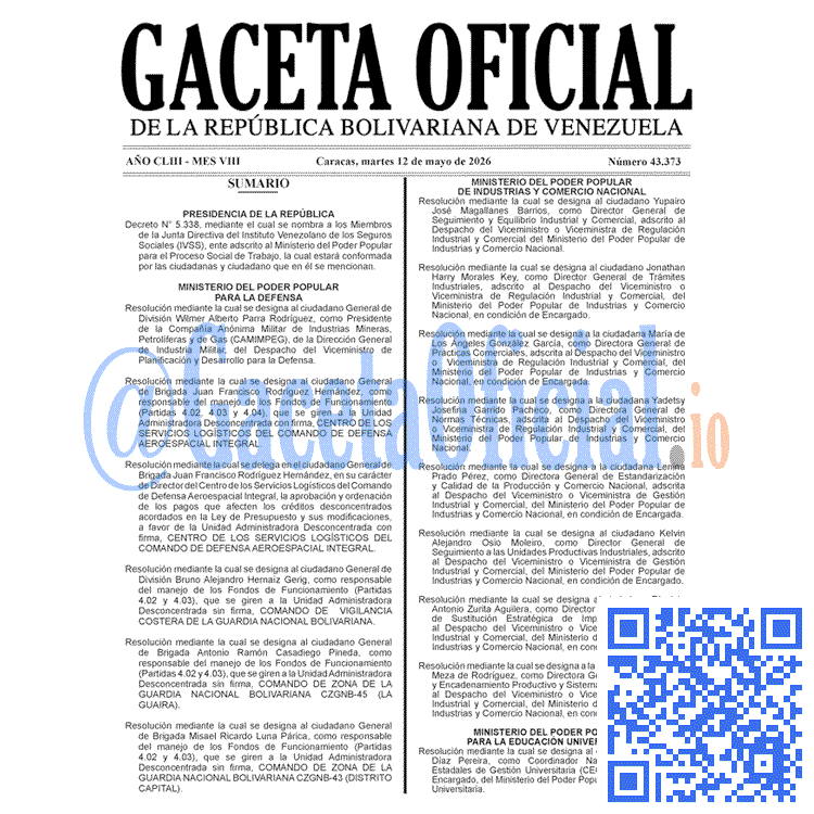 Venezuela Gaceta Oficial 43373 del 12 mayo 2026 Gaceta Oficial, Gaceta 43373, Gaceta 43373 HD, Gaceta #43373, Gaceta Oficial Venezuela #43373