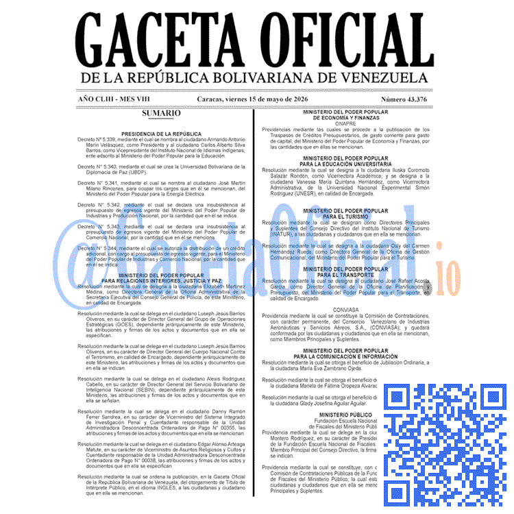 Venezuela Gaceta Oficial 43376 del 15 mayo 2026 Gaceta Oficial, Gaceta 43376, Gaceta 43376 HD, Gaceta #43376, Gaceta Oficial Venezuela #43376