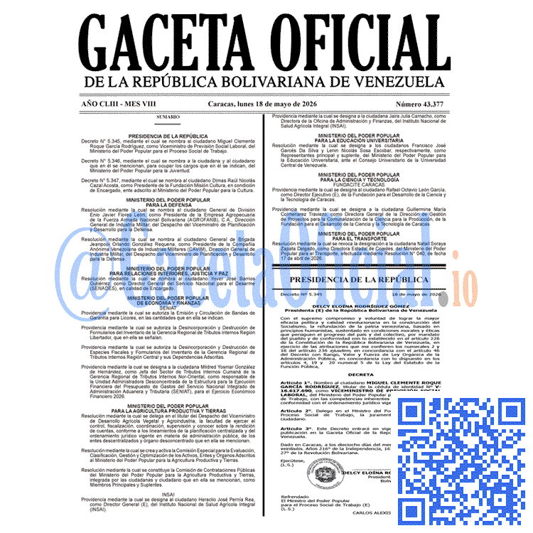 Venezuela Gaceta Oficial 43377 del 18 mayo 2026 Gaceta Oficial, Gaceta 43377, Gaceta 43377 HD, Gaceta #43377, Gaceta Oficial Venezuela #43377