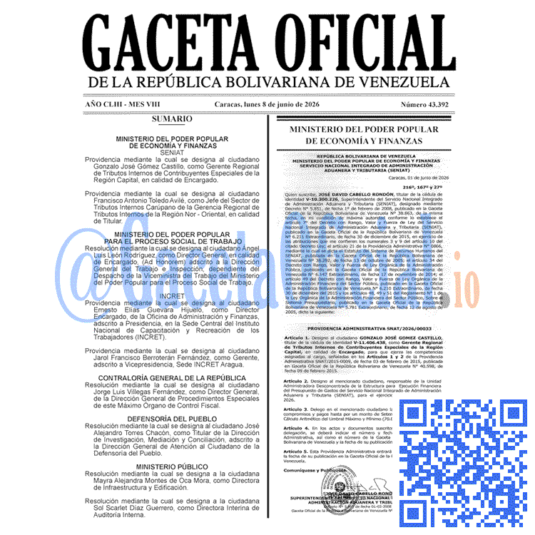 Venezuela Gaceta Oficial 43392 del 8 junio 2026 Gaceta Oficial, Gaceta 43392, Gaceta 43392 HD, Gaceta #43392, Gaceta Oficial Venezuela #43392