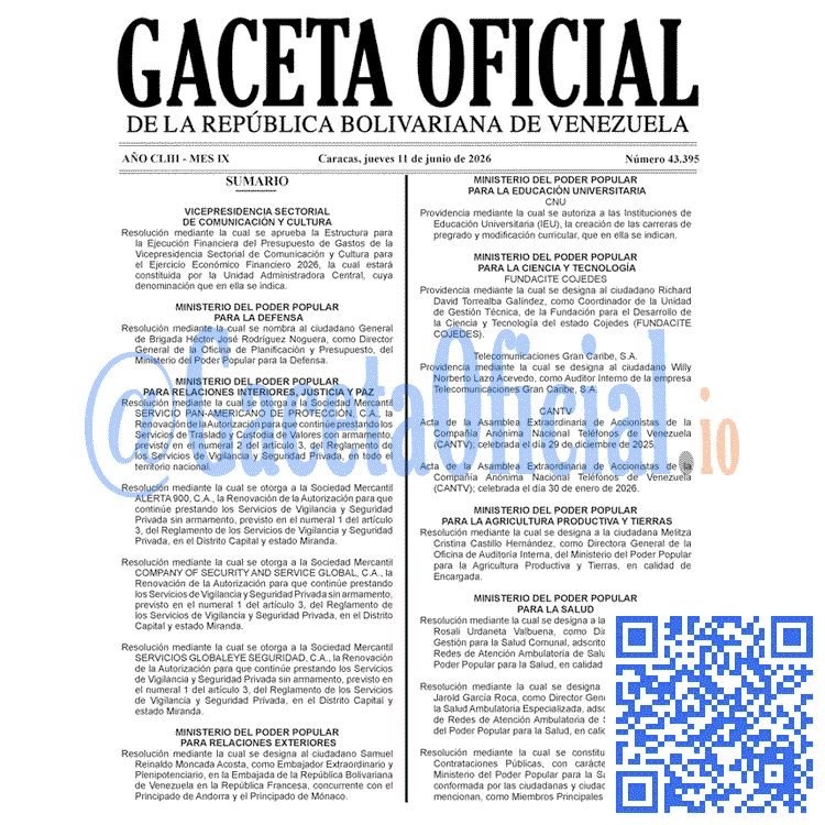 Venezuela Gaceta Oficial 43395 del 11 junio 2026 Gaceta Oficial, Gaceta 43395, Gaceta 43395 HD, Gaceta #43395, Gaceta Oficial Venezuela #43395