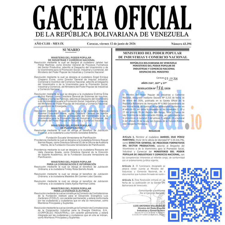Venezuela Gaceta Oficial 43396 del 12 junio 2026 Gaceta Oficial, Gaceta 43396, Gaceta 43396 HD, Gaceta #43396, Gaceta Oficial Venezuela #43396