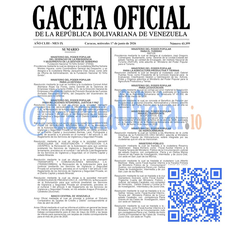 Venezuela Gaceta Oficial 43399 del 17 junio 2026 Gaceta Oficial, Gaceta 43399, Gaceta 43399 HD, Gaceta #43399, Gaceta Oficial Venezuela #43399