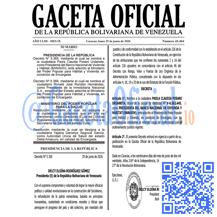 Gaceta Oficial Venezuela #43404 del 29 junio 2026 Gaceta Oficial, Gaceta 43404, Gaceta 43404 HD, Gaceta #43404, Gaceta Oficial Venezuela #43404
