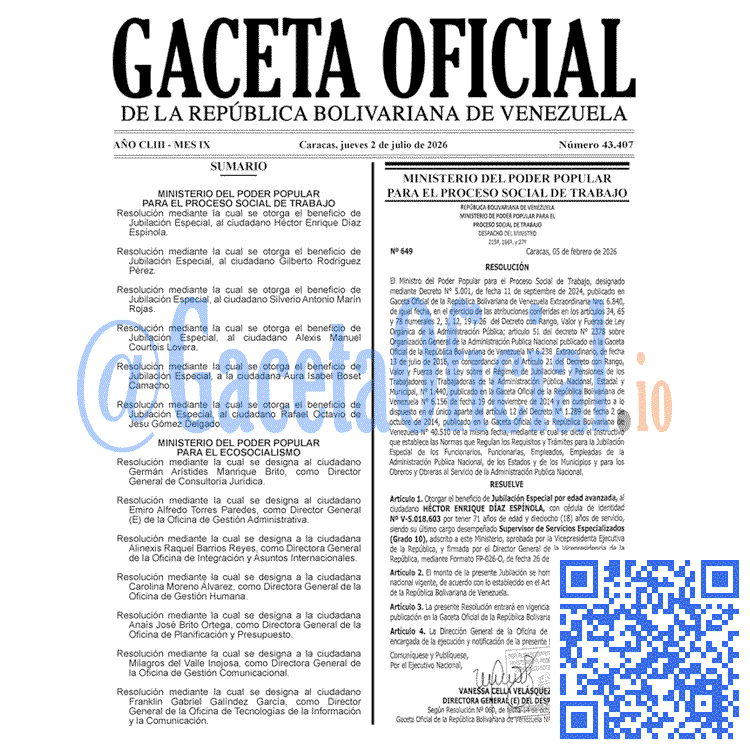 Gaceta Oficial Venezuela #43407 del 2 julio 2026 Gaceta Oficial, Gaceta 43407, Gaceta 43407 HD, Gaceta #43407, Gaceta Oficial Venezuela #43407