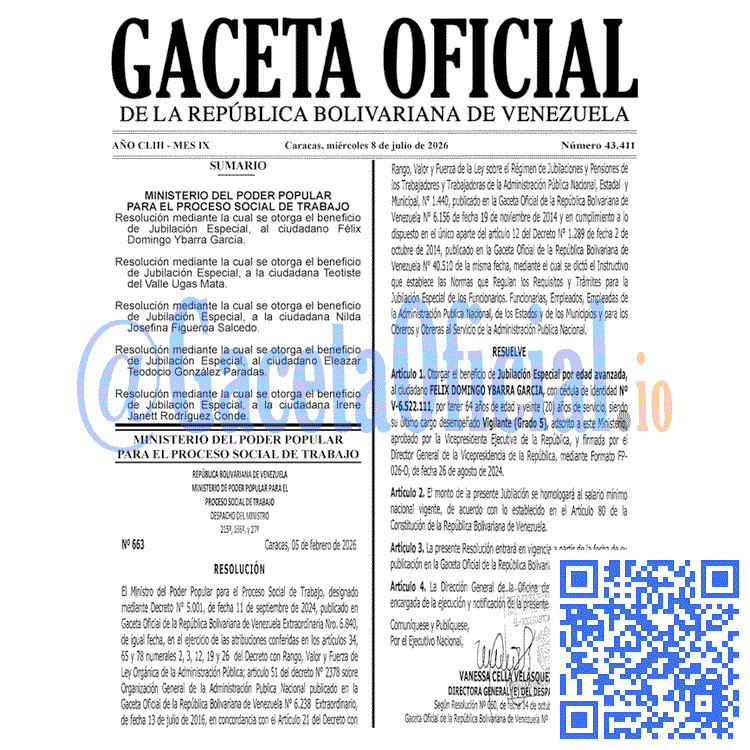 Venezuela Gaceta Oficial 43411 del 8 julio 2026 Gaceta Oficial, Gaceta 43411, Gaceta 43411 HD, Gaceta #43411, Gaceta Oficial Venezuela #43411