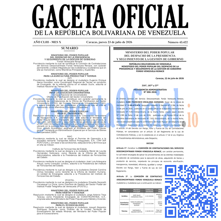 Gaceta Oficial, Gaceta 43422, Gaceta 43422 HD, Gaceta #43422, Gaceta Oficial Venezuela #43422