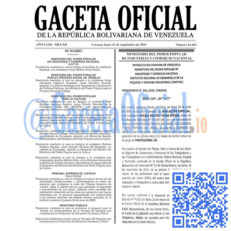 Venezuela Gaceta Oficial 43463 del 21 septiembre 2026 Gaceta Oficial, Gaceta 43463, Gaceta 43463 HD, Gaceta #43463, Gaceta Oficial Venezuela #43463