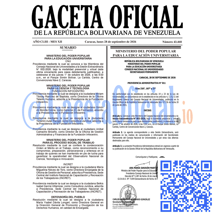 Venezuela Gaceta Oficial 43468 del 28 septiembre 2026 Gaceta Oficial, Gaceta 43468, Gaceta 43468 HD, Gaceta #43468, Gaceta Oficial Venezuela #43468