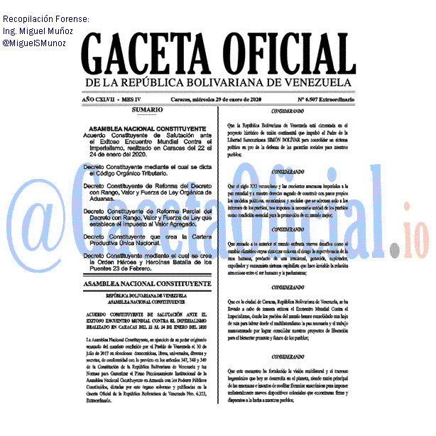 Gaceta Oficial 6507 del 29 enero 2020 Gaceta Oficial 6507 del 29 enero 2020
