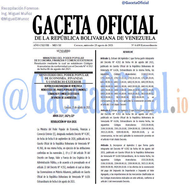 Gaceta Oficial 6639 del 25 agosto 2021 Gaceta Oficial 6639 del 25 agosto 2021