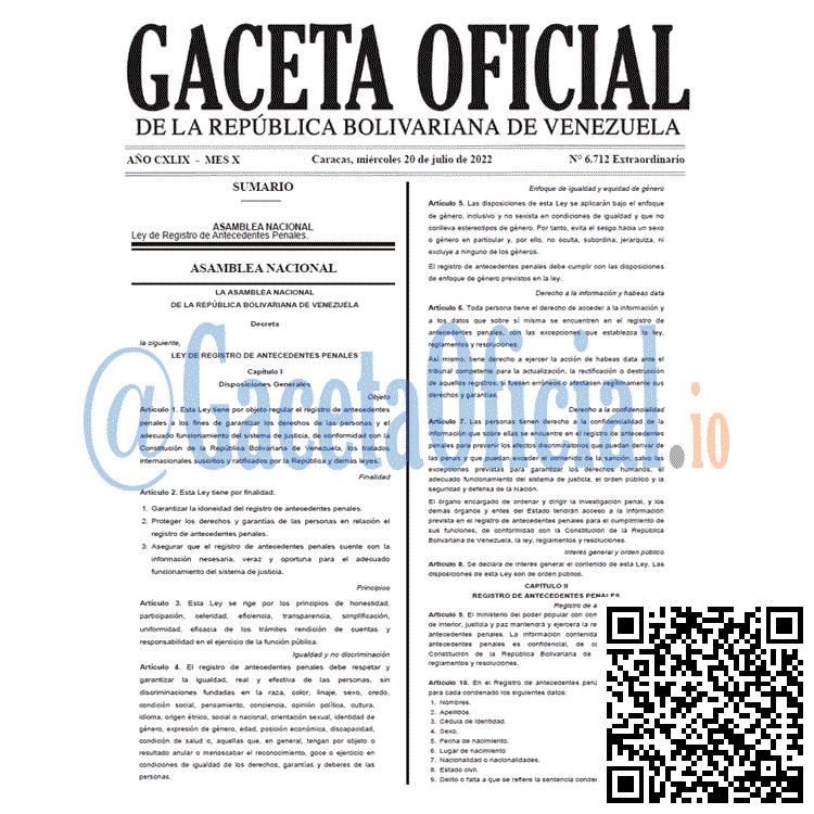 Venezuela Gaceta Oficial 6712 del 20 julio 2022