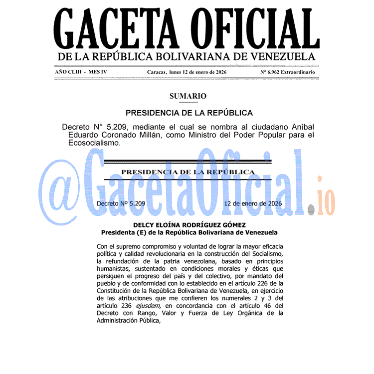 Venezuela Gaceta Oficial 6962 del 12 enero 2026 Gaceta Oficial, Gaceta 6962, Gaceta 6962 HD, Gaceta #6962, Gaceta Oficial Venezuela #6962