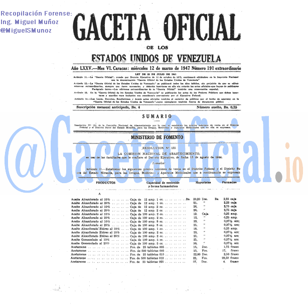 Gaceta Oficial 191 del 12 Marzo 1947