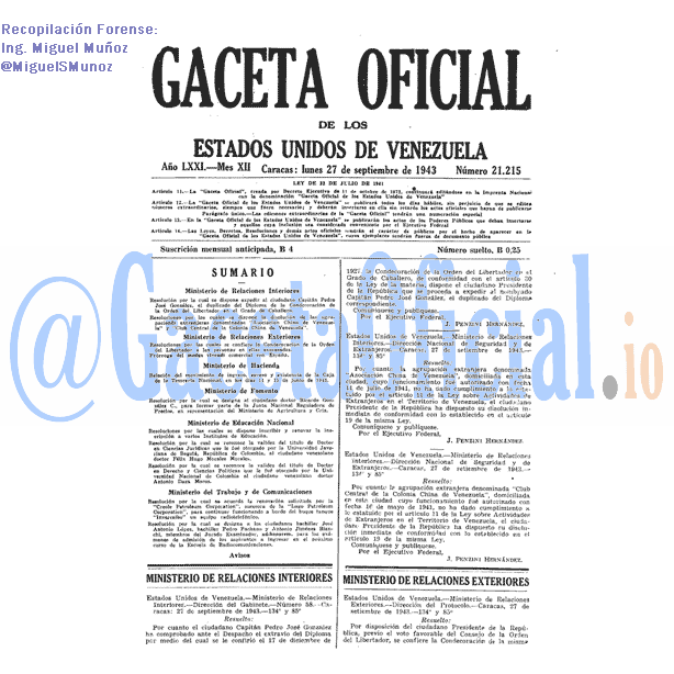 Gaceta Oficial 21215 del 27 Septiembre 1943