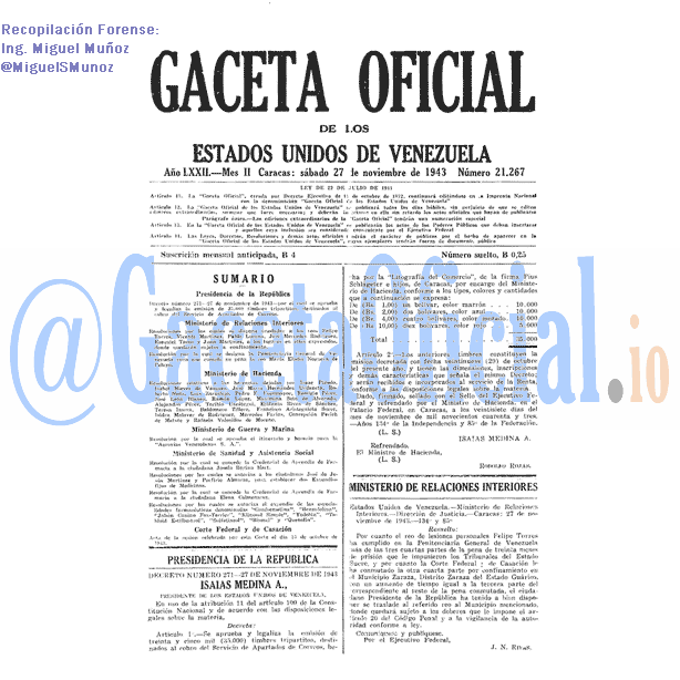 Gaceta Oficial 21267 del 27 Noviembre 1943