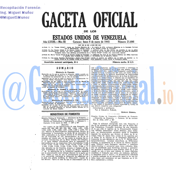 Gaceta Oficial 21606 del 8 Enero 1945