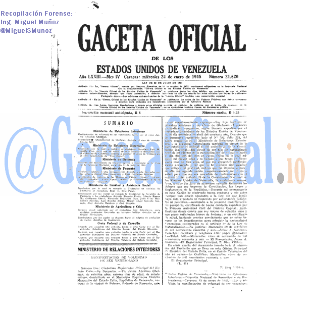 Gaceta Oficial 21620 del 24 Enero 1945