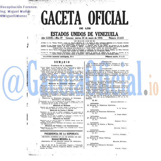 Gaceta Oficial 21621 del 25 Enero 1945