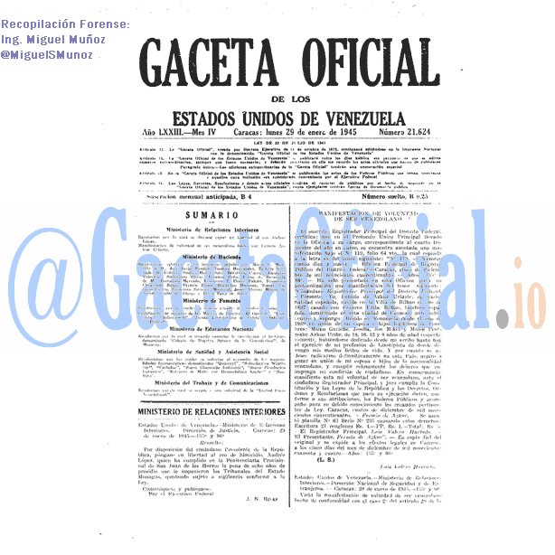 Gaceta Oficial 21624 del 29 Enero 1945