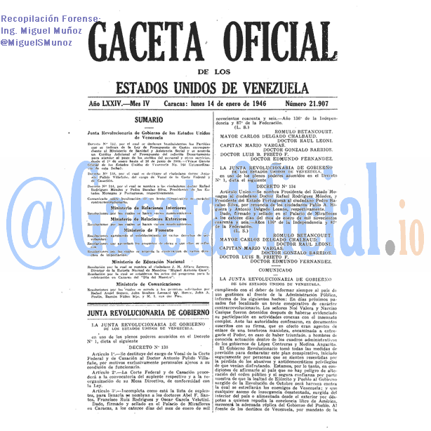 Gaceta Oficial 21907 del 14 Enero 1946