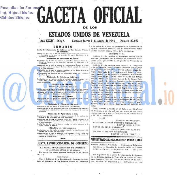 Gaceta Oficial 22073 del 1 Agosto 1946