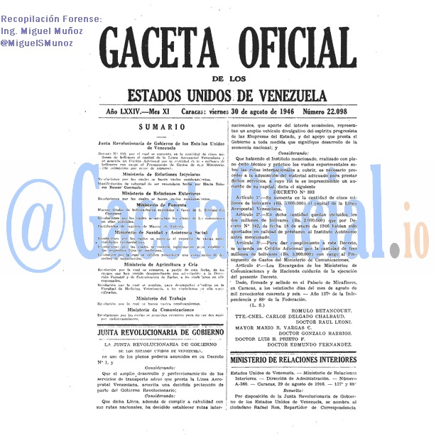 Gaceta Oficial 22098 del 30 Agosto 1946