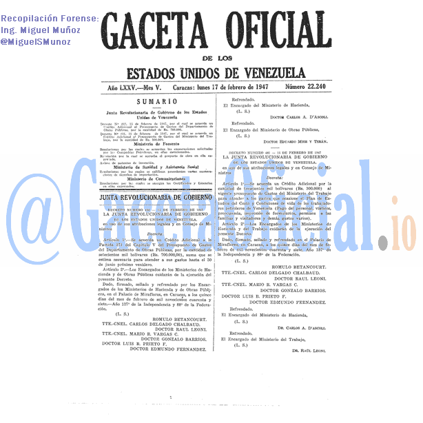 Gaceta Oficial 22240 del 17 Febrero 1947
