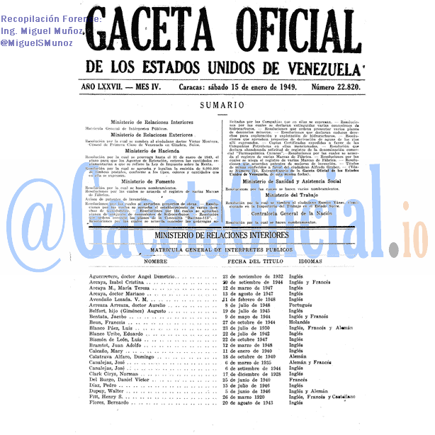 Gaceta Oficial 22820 del 15 Enero 1949