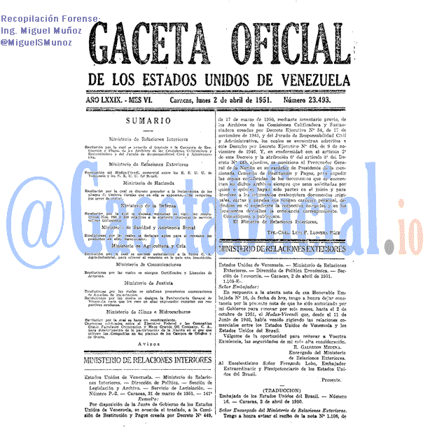 Gaceta Oficial 23493 del 2 Abril 1951