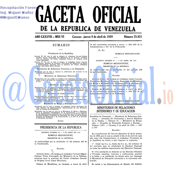 Gaceta Oficial 25931 del 9 Abril 1959