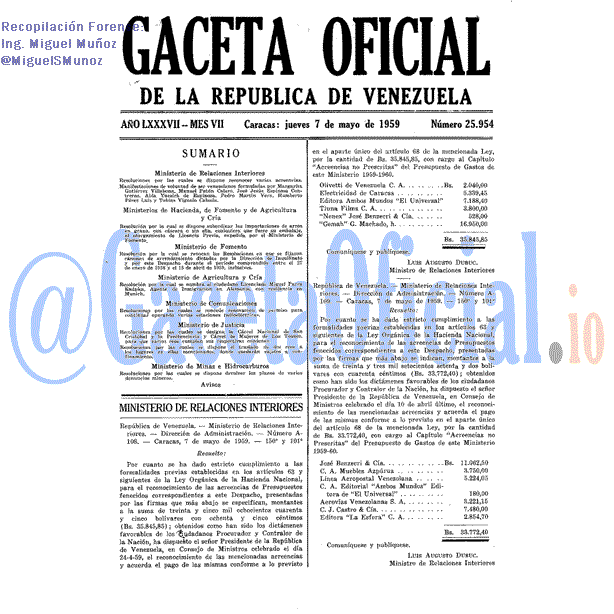 Gaceta Oficial 25954 del 7 Mayo 1959