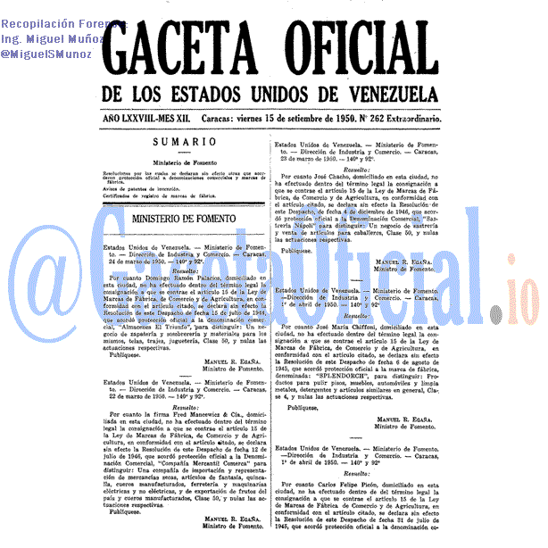 Gaceta Oficial 262 del 15 Septiembre 1950