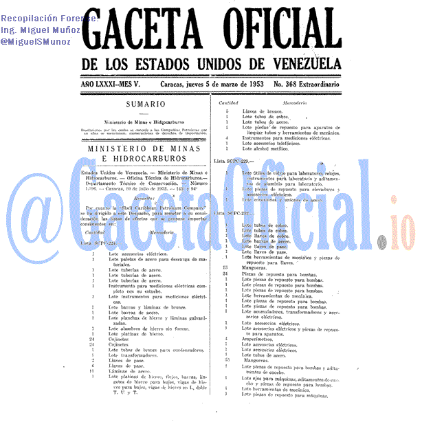 Gaceta Oficial 368 del 5 Marzo 1953