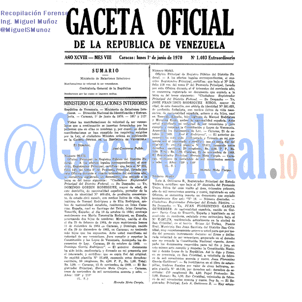 Gaceta Oficial 1403 1970-06-01 Gaceta Oficial 1403 del 1 Junio 1970