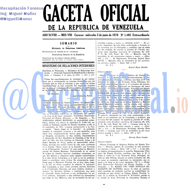 Gaceta Oficial 1405 1970-06-03 Gaceta Oficial 1405 del 3 Junio 1970