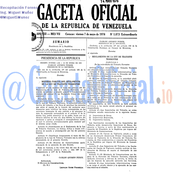 Gaceta Oficial 1873 del 7 Mayo 1976