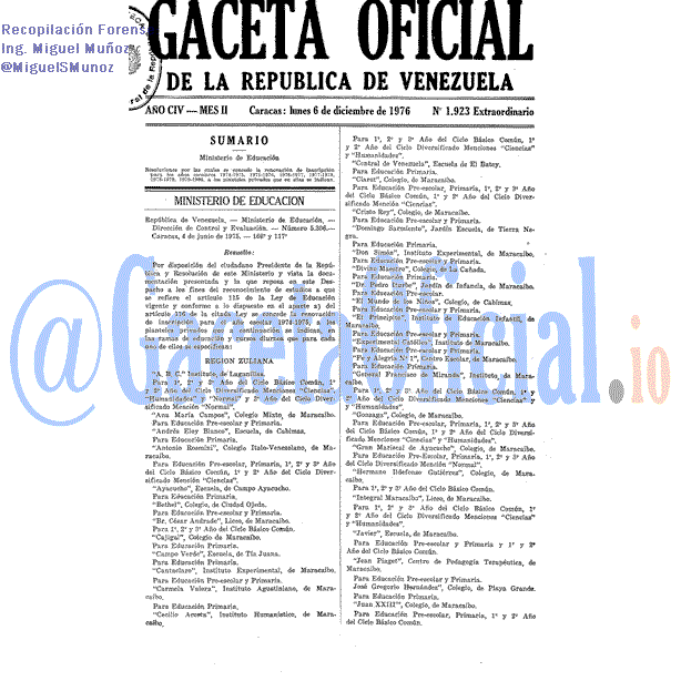 Gaceta Oficial 1923 del 6 Diciembre 1976