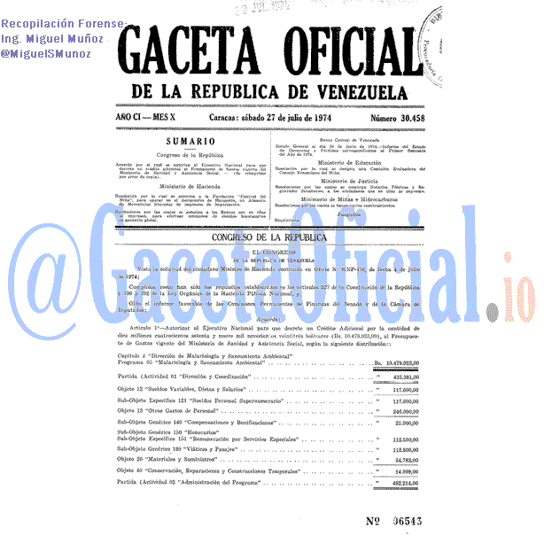 Gaceta Oficial 30458 del 27 Julio 1974