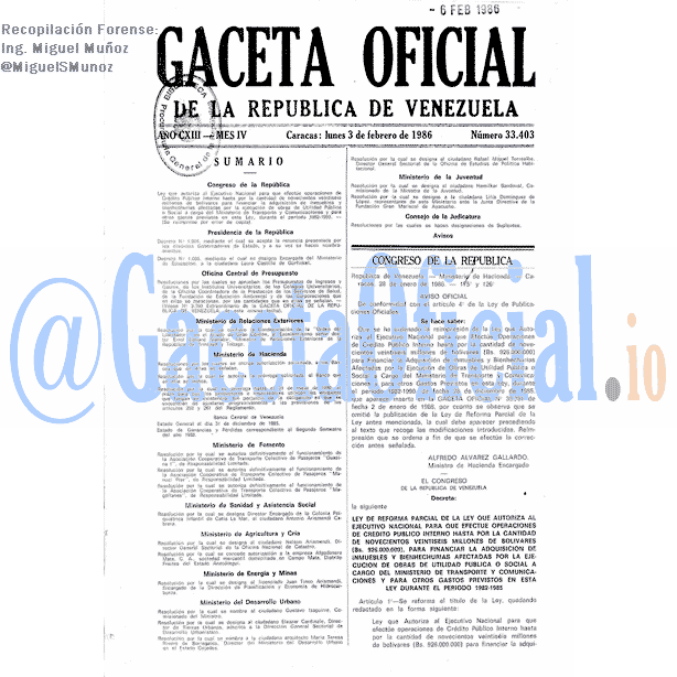 Gaceta Oficial 33403 del 3 Febrero 1986